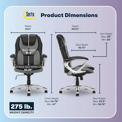 Serta Amplify Executive Office Chair with Faux Leather and Mesh, Adjustable Ergonomic Comfy Seat with Lumbar Support, Modern Computer DeskChairs, Swivel Rolling Wheels, Gray