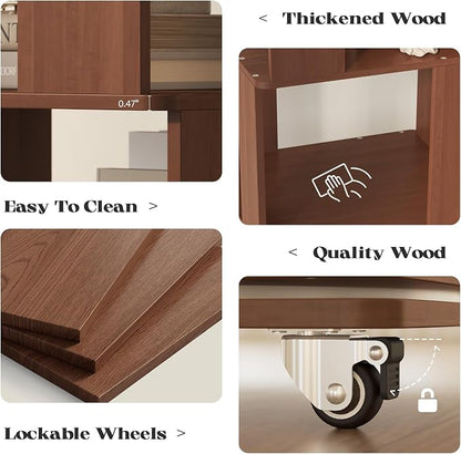 5 Tier Solid Wood Rotating Bookshelf Tower on Wheels, 360° Upgrade Spinning Book Shelf, Revolving Bookcase Organizer, Swivel Bookshelves for Small Spaces, Corner, Bedroom, Kids Room, Office (Brown)