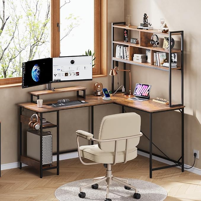 DEVAISE 60 Inch L Shaped Gaming Desk with Drawers and Storage, Corner Desk with LED Lights, Power Outlets, Computer Desk with Monitor Stand, Office Desk for Home, with Hutch, Rustic Brown