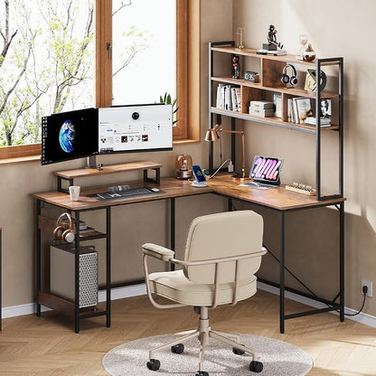 DEVAISE 60 Inch L Shaped Gaming Desk with Drawers and Storage, Corner Desk with LED Lights, Power Outlets, Computer Desk with Monitor Stand, Office Desk for Home, with Hutch, Rustic Brown