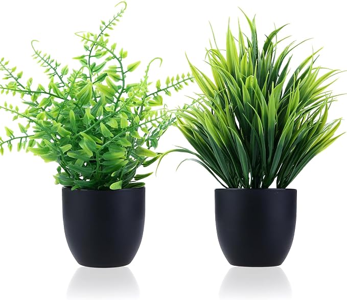 GREENTIME 2 Pack Fake Plants in Black Pot Small Artificial Plant Wheat Grass for Home Decor Faux Fern Greenery Indoor Bathroom Shelf Home Office Desk Bedroom Cabinet Kitchen Table Decorations