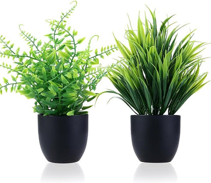GREENTIME 2 Pack Fake Plants in Black Pot Small Artificial Plant Wheat Grass for Home Decor Faux Fern Greenery Indoor Bathroom Shelf Home Office Desk Bedroom Cabinet Kitchen Table Decorations