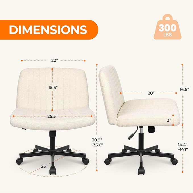 NEO CHAIR Criss Cross Chair with Wheels Home Office Cross Legged Armless Chairs Ergonomic Adjustable Computer Desk Task Wide Seat for Bedroom Vanity Comfy Swivel (Beige)