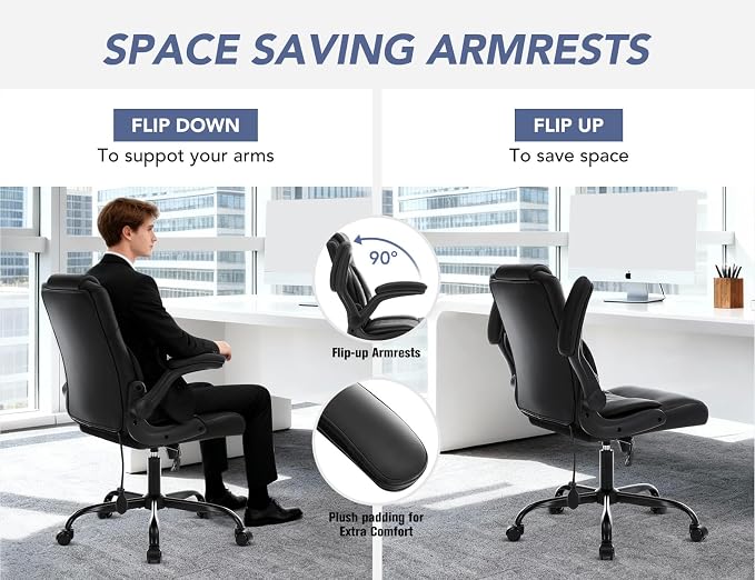 Office Chair with Adjustable Inflatable Lumbar Support,Leather Ergonomic Computer Desk Chair with Flip-up Arms,Adjustable Tilt Lock,Swivel Rolling Executive PC Chair for Work,Study,Meeting.Black