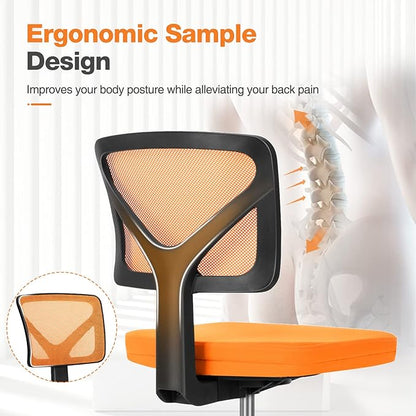 Sweetcrispy Ergonomic Low-Back Mesh Small Office Chair, Rolling Work Swivel Chairs with Wheels, Armless Comfortable Seat Lumbar Support for Home, Bedroom, Study, Student, Adults, Orange