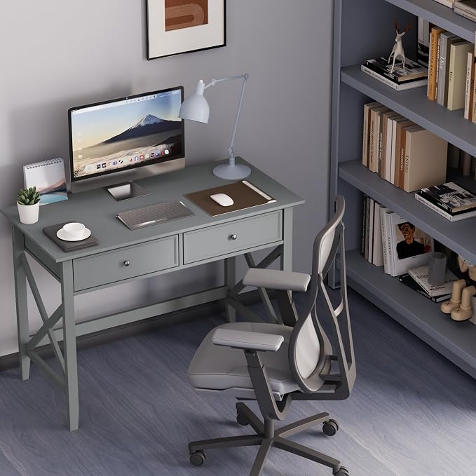 Lewahom Computer Desk with 2 Drawers, Elegant Home Office Writing Study Desk with Storage, Modern Simple Vanity Desk Console Table for Living Room, Grey