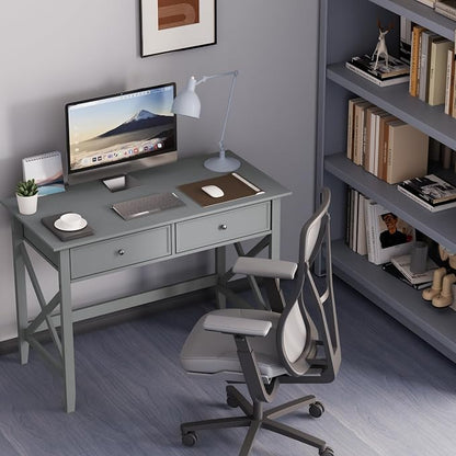 Lewahom Computer Desk with 2 Drawers, Elegant Home Office Writing Study Desk with Storage, Modern Simple Vanity Desk Console Table for Living Room, Grey