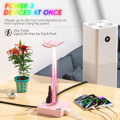 cozoo Gifts for Teen Girls Cute Pink RGB Headphone Stand & Charging Station, 3 USB 2 AC Outlets - Stylish Gaming Headset Holder, Desk & Game Room Decor, Christmas Gifts for Girlfriend, Women, Gamers
