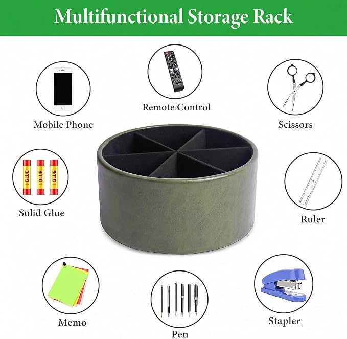 Remote Control Holder, 360°Spinning PU Leather Desk TV Remote Caddy,Desk Storage Box Room Accessories for Controller, Media,Mail,Calculator, Mobile Phone,Pencil(1-Oil Green)