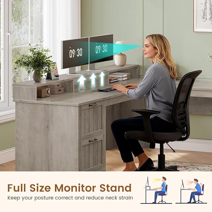 SEDETA 63" L Shaped Desk with Drawers, Farmhouse Corner Computer Desk, Wood Office Desk with File Drawers with Storage, Executive Desk with Monitor Stand and Storage Cabinet, Grey