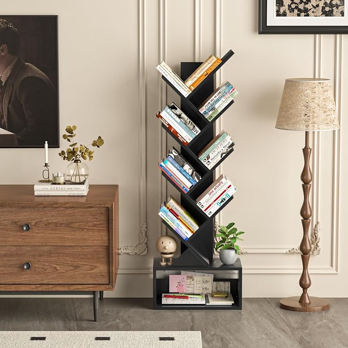 SHEEPAM 9 Tier Tree Bookshelf,Christmas Green Bookcase for Narrow Space, Storage Organizer Floor Standing Bookshelves for Books, Tall Book Case for Home Office, Living Room, Bedroom