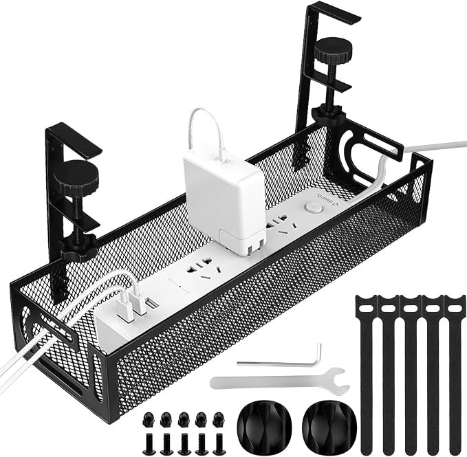 Under Desk Cable Management Tray, Cable Management Under Desk No Drill, Wire Management Tray with Clamp, Cord Organizer for Home Office, Black