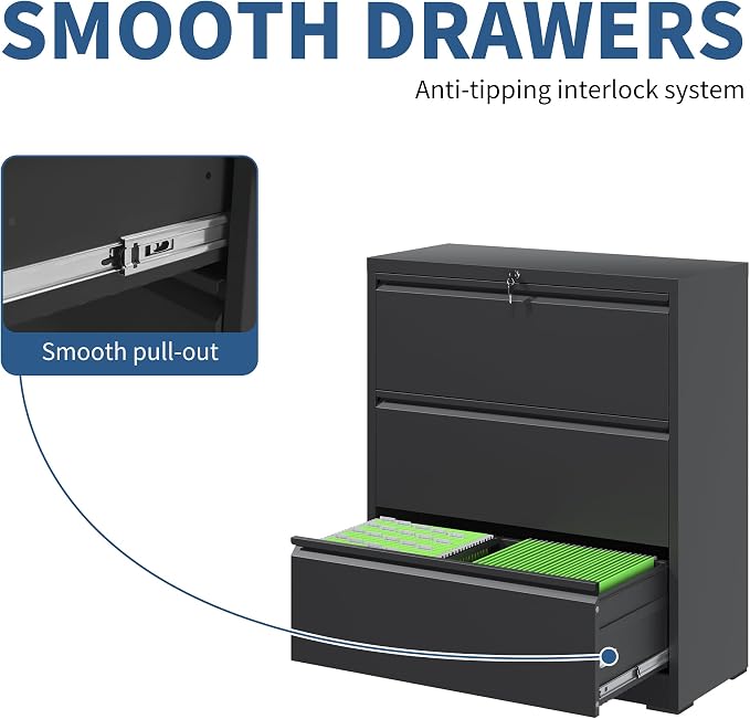 3 Drawer File Cabinet with Lock, Black Metal Lateral Filing Cabinets for Home Office, Heavy Duty Steel Horizontal Locking Storage Cabinet for Legal/Letter/A4 Size File, Assembly Required