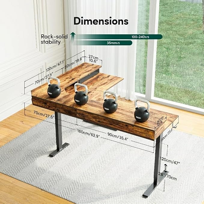 FEZIBO L Shaped Electric Standing Desk, 63x48 inch Large with Drawers | Reversible Tabletop, 2 Memory Height Settings | Home Office & Gaming Height-Adjustable Table, Rustic Brown（2 Packages）