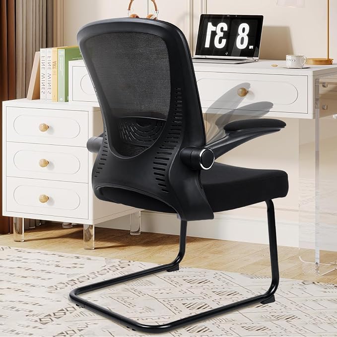 CLATINA Waiting Room Chairs with Flip Up Arms and Adjustable Lumbar Support, Office Guest Chairs & Reception Chair for Conference Room, Breathable Mesh Black Desk Chair No Wheels for Elderly