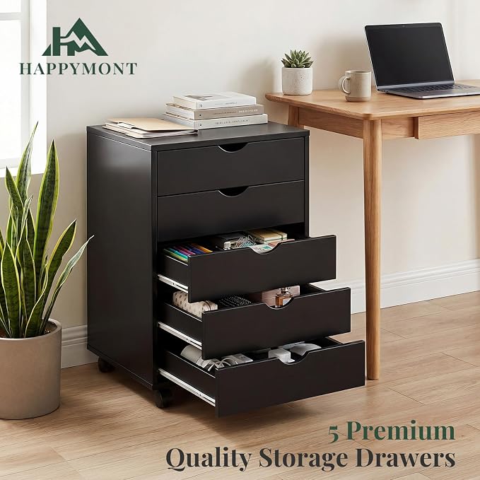 Mobile File Cabinet Under Desk, 5 Drawer Storage Organization with Wheels, Vertical Filing Chest Rolling Wood Small Desk Printer Stand for Home Office, 15.75" D x 18.74" W x 25.39" H