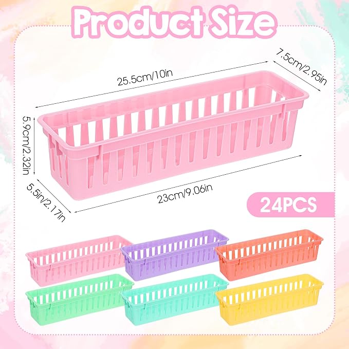 24Pack Small Pencil Basket, 10" x 3" Plastic Pencil Holder for Classroom, Slim Stackable Pencils Tray Storage for Office Desk and Elementary Teacher Organization Supplies (Colorful)
