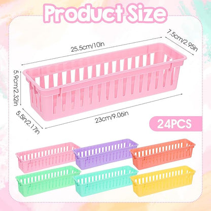 24Pack Small Pencil Basket, 10" x 3" Plastic Pencil Holder for Classroom, Slim Stackable Pencils Tray Storage for Office Desk and Elementary Teacher Organization Supplies (Colorful)