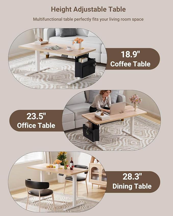 Coffee Table, Height Adjustable Electric Coffee Table with Storage Bag Lift Tabletop Dining Table Office Table with Lockable Wheels for Living Room (Natural Maple Look, 40 x 24 Inches)