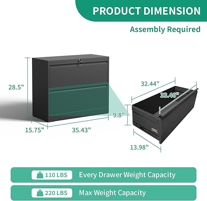 IKIMI Lateral File Cabinets 2 Drawer,Metal Lateral Filing Cabinet for Home Office,Wide Steel Storage Cabinet Commercial Drawer for Legal/Letter/A4 Size Files Assembly Required