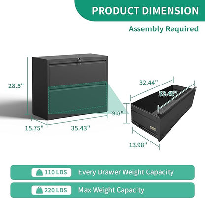 IKIMI Lateral File Cabinets 2 Drawer,Metal Lateral Filing Cabinet for Home Office,Wide Steel Storage Cabinet Commercial Drawer for Legal/Letter/A4 Size Files Assembly Required