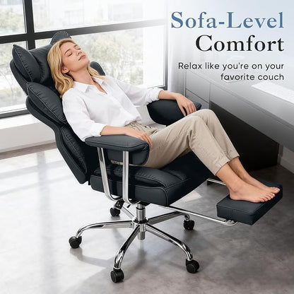 DUMOS Big and Tall Office Chair 400 LBS, Scratch-Resistant PU Leather Executive Office Desk Chair with Footrest, Ergonomic Reclining Computer Chairs with Pocket Spring Support, Black