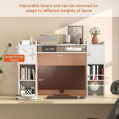 ELECWISH Desktop Bookshelf, Desk Hutch with Drawer for Computer Desk, 45.3" 8-Tier Adjustable Desktop Shelf Organizer with Pegboard for Home Office, Oak