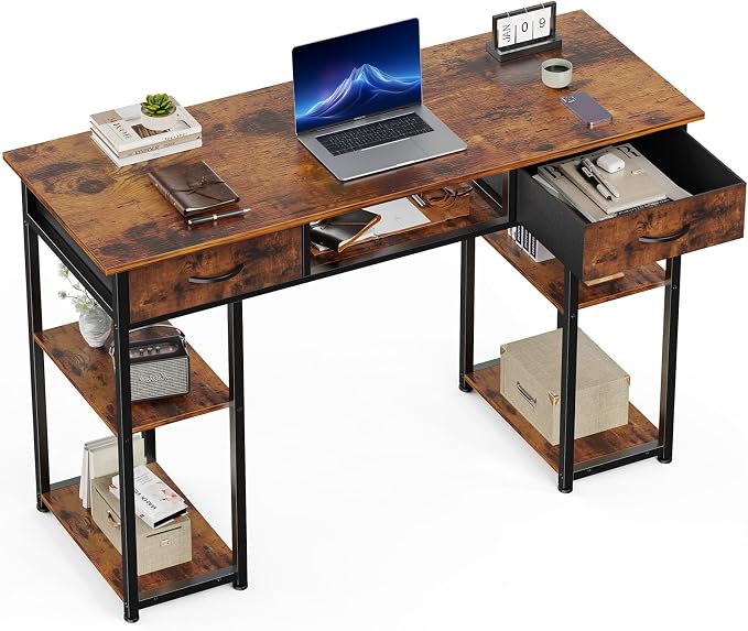 OLIXIS 48 Inch Desk with Storage Fabric Drawers, Home Office Computer Desk for Small Space Bedroom, Modern Study Work Gaming Writing PC Table, Finish for Compact Rooms, Brown