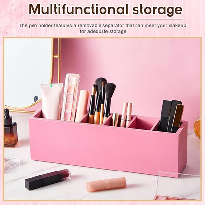 Jetec Wooden Pencil Pen Holder for Desk 6 Compartments Cosmetic Makeup Brush Stationery Office Desktop Organizers for Countertop Adjustable Silverware Caddy for Party, Art Supplies,Home(Pink)