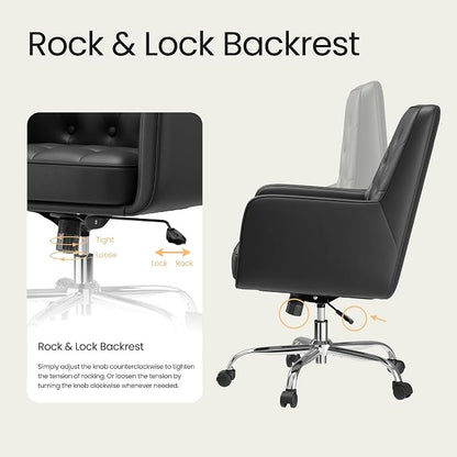 COLAMY Verso Home Desk Chair with Armrest, Leather Swivel Office Chair Adjustment Height with Wheels, Comfortable Padded Seat, Black