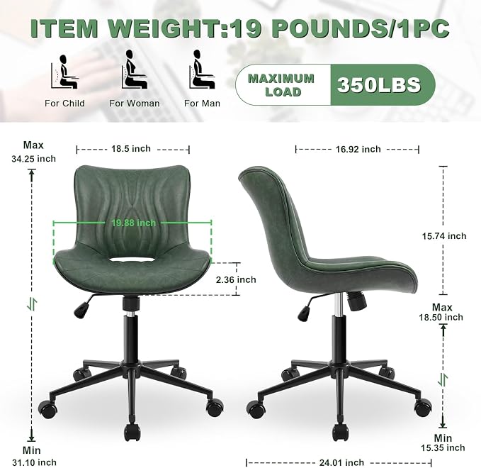 Armless Office Chair, Height Adjustable Desk Chair with Wheels, Ergonomic Comfy 360° Swivel Home Office Computer Task Chair, Faux Leather Padded Cute Vanity Chair,Green