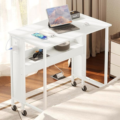 CHOEZON Folding Desk with Power Outlets, 31.5" Rolling Computer Table with Wheels, Portable Office Desk with Storage Shelf for Small Spaces White TDN01UWB