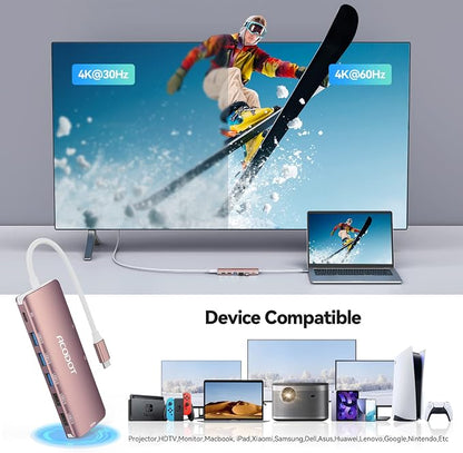 USB C Hub, 9-in-1 Multi-Port USB Adapter, 4K@60Hz HDMI, 100W Max PD, 3 USB3.0(5Gbps) + 2 USB2.0 Data Ports, SD/TF Card Reader for MacBook, iPad Pro, Dell, HP, Lenovo, Windows Laptop, Rose Gold