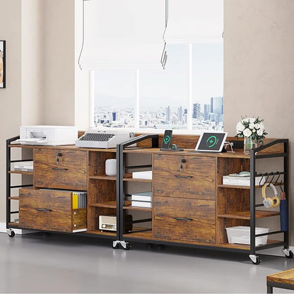 SEDETA 44" File Cabinet, Filing Cabinet fits Legal/Letter Size, 2 Drawer File Cabinets for Home Office with Lock, Power Strip, 6 Storage Shelves, Rustic Brown