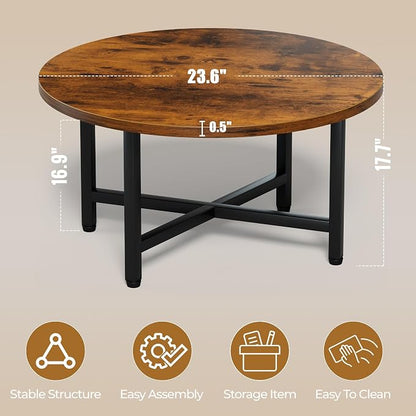Coffee Table, 23.6" Small Coffee Tables, Rustic Brown Round Coffee Tables for Living Room, Floor Table for Sitting on The Floor, Center Coffee Table with Metal Frame Industrial Office Home