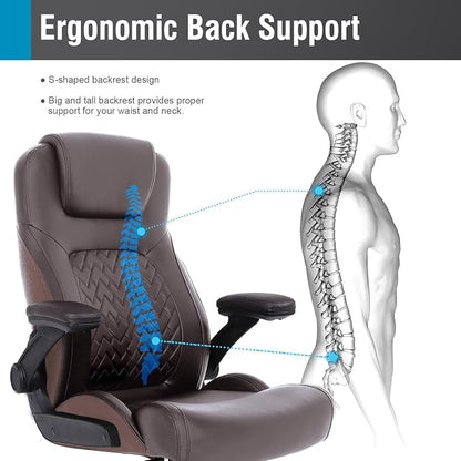 Flysky Executive Ergonomic Office Chair - Big and Tall Office Chair for Heavy People, PU Leather, Lumbar Support, Flip-up Armrest, High Back, Height Adjustable, Brown