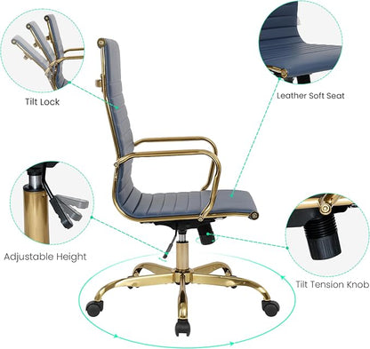 LeisureMod Harris High-Back Task Office Chair - Modern Leather Upholstery with Gold Frame, Ribbed Design 360 Degree Adjustable Swivel for Home, Office, and Study Room