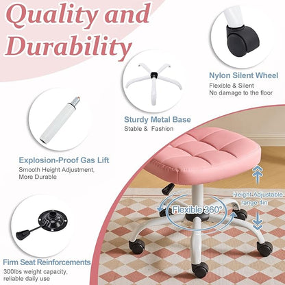VINGLI Compact Small Desk Chair, Cute Armless Chair with Wheels, Vanity Chair with Low Back, Height Adjustable Task Chair for Small Spaces, Office, Bedroom, Make Up Room, PU Leather, Pink