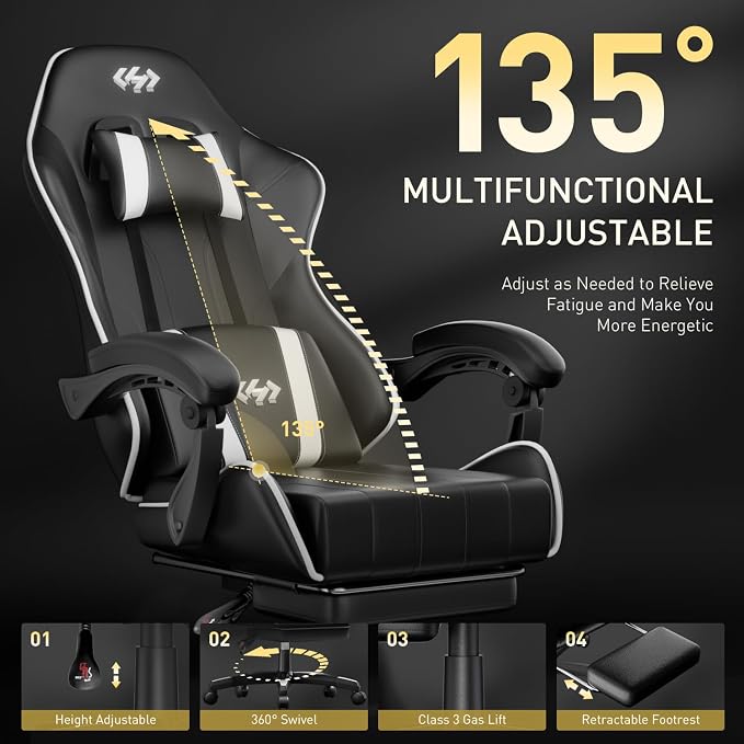 HLDIRECT Gaming Chair, Ergonomic Computer Office Chair with Lumbar Support Footrest Headrest, Adjustable Height & Backrest Angle Video Gamer Chair, PU Leather, 360° Swivel, Adult (Black&White)