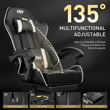 HLDIRECT Gaming Chair, Ergonomic Computer Office Chair with Lumbar Support Footrest Headrest, Adjustable Height & Backrest Angle Video Gamer Chair, PU Leather, 360° Swivel, Adult (Black&White)