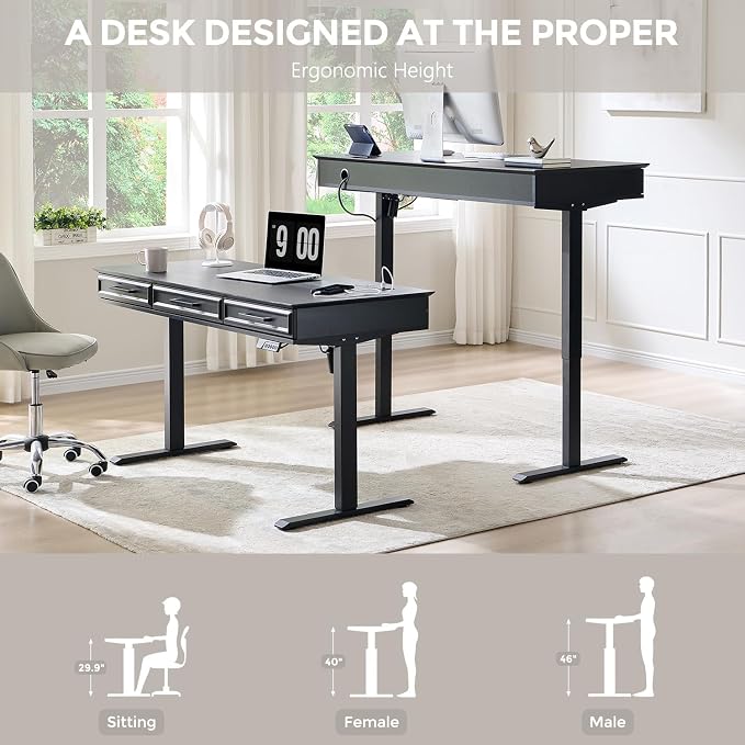 Electric Standing Desk with 3 Storage Drawers, 55x22 Inch Wood Adjustable Height Computer Desk w/One-Piece Desktop, Sit to Stand Up,Power Outlets, Gaming Table for Home Office and Study, Black