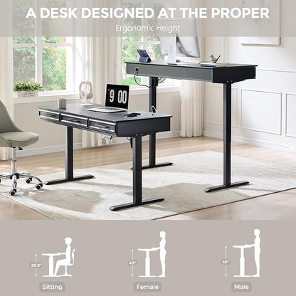 Electric Standing Desk with 3 Storage Drawers, 55x22 Inch Wood Adjustable Height Computer Desk w/One-Piece Desktop, Sit to Stand Up,Power Outlets, Gaming Table for Home Office and Study, Black