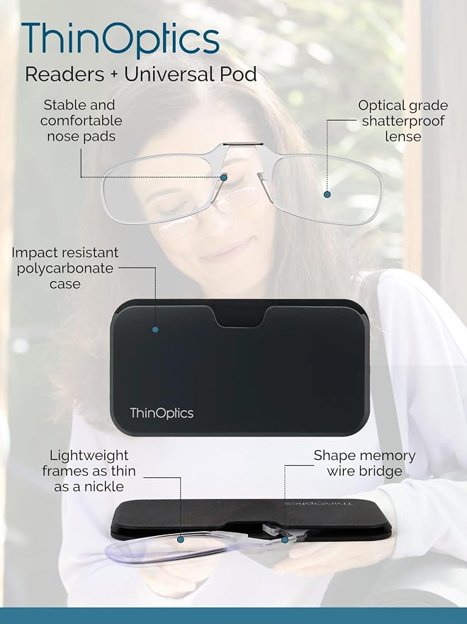 ThinOptics Reading Glasses + White Universal Pod Case | Blue Frames, 1.50 Strength Readers Blue Frames / White Case, 44 mm