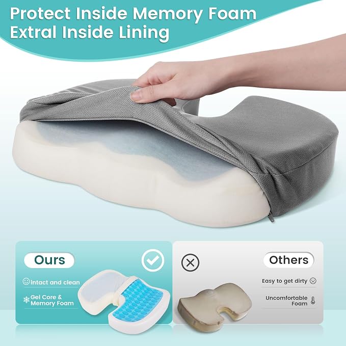 Office Chair Seat Cushion, Cooling Gel Enhanced Memory Foam Cushion for Long Sitting - Back, Sciatica, Coccyx, Tailbone Pain Relief Pillow - for Office, Gaming, Car, Wheelchair - Light Grey, X-Large