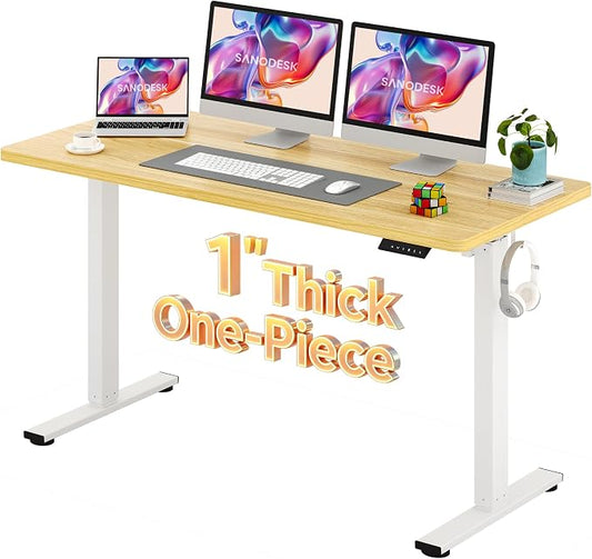 SANODESK Electric Standing Desk 60 x 24 Inches Whole-Piece Desktop Height Adjustable Stand Up Desk w/6-Button Controller Ergonomic Computer Desk for Home Office, White Frame + Natural Tabletop
