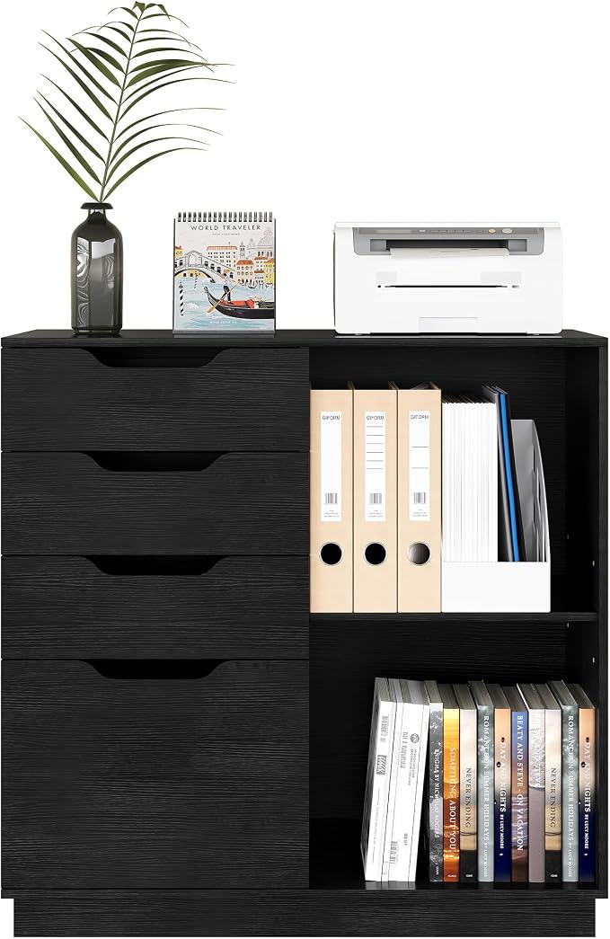 TQVAI 4 Drawer Filing Cabinet Organizer with 2 Open Shelves, Heavy Duty for Storing Letter A4 Size and Printer, Wood Lateral File Cabinets for Home Office, Hanging Files, Black, Easy Assembly