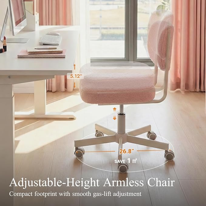 Vanity Chair with Wheels, Cute Armless Desk Chair with Back, Height Adjustable Swivel Small Office Chair, Comfy Velvet Computer Task Chair for Bedroom, Study, Dressing Room Pink