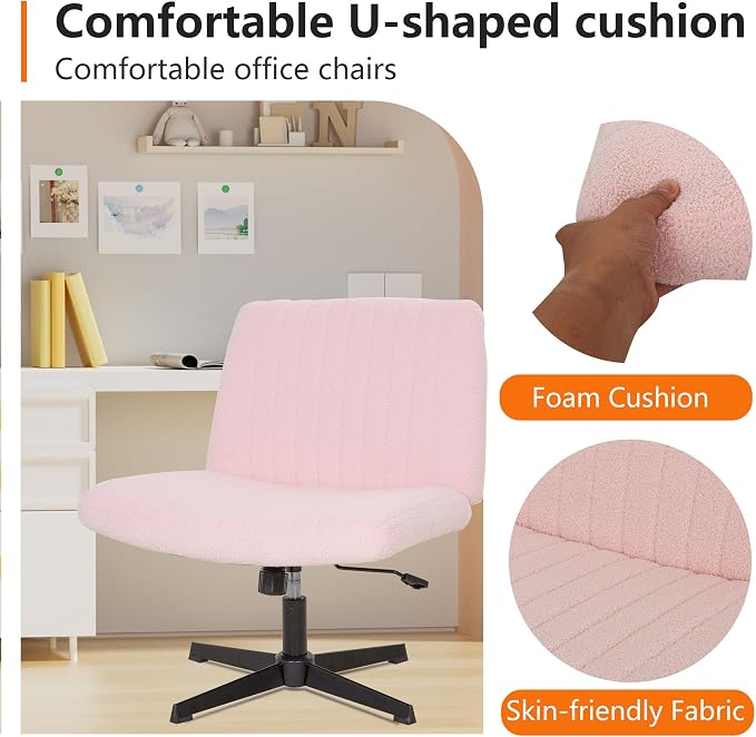 FDW Criss Cross Chair Armless Cross Legged Office Desk Chair Adjustable Swivel Ergonomic Gaming Chair No Wheels Backrest with Wide Seat Native Sponge Computer Task Vanity Chair for Home Office,Pink