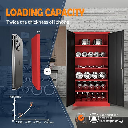 Yizosh Metal Garage Storage Cabinet with 2 Doors and 5 Adjustable Shelves - 71" Steel Lockable File Cabinet,Locking Tool Cabinets for Office,Home,Garage,Gym,School (Red Black)