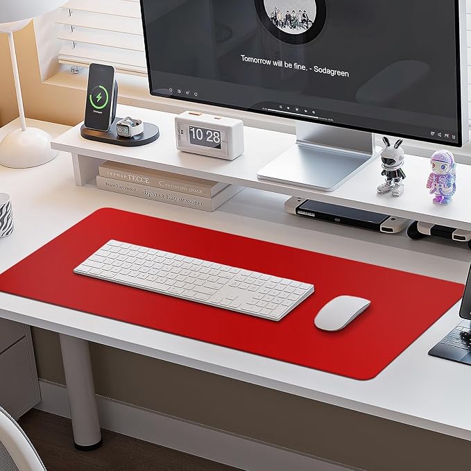 Boutilon Leather Desk Pad Protector,Non-Slip Mouse Pad,Laptop Desk Pad,Office Mouse Mat,Waterproof Leather Desk Blotter,Desk Writing Pad for Office and Home (L-Red,35"x 17")